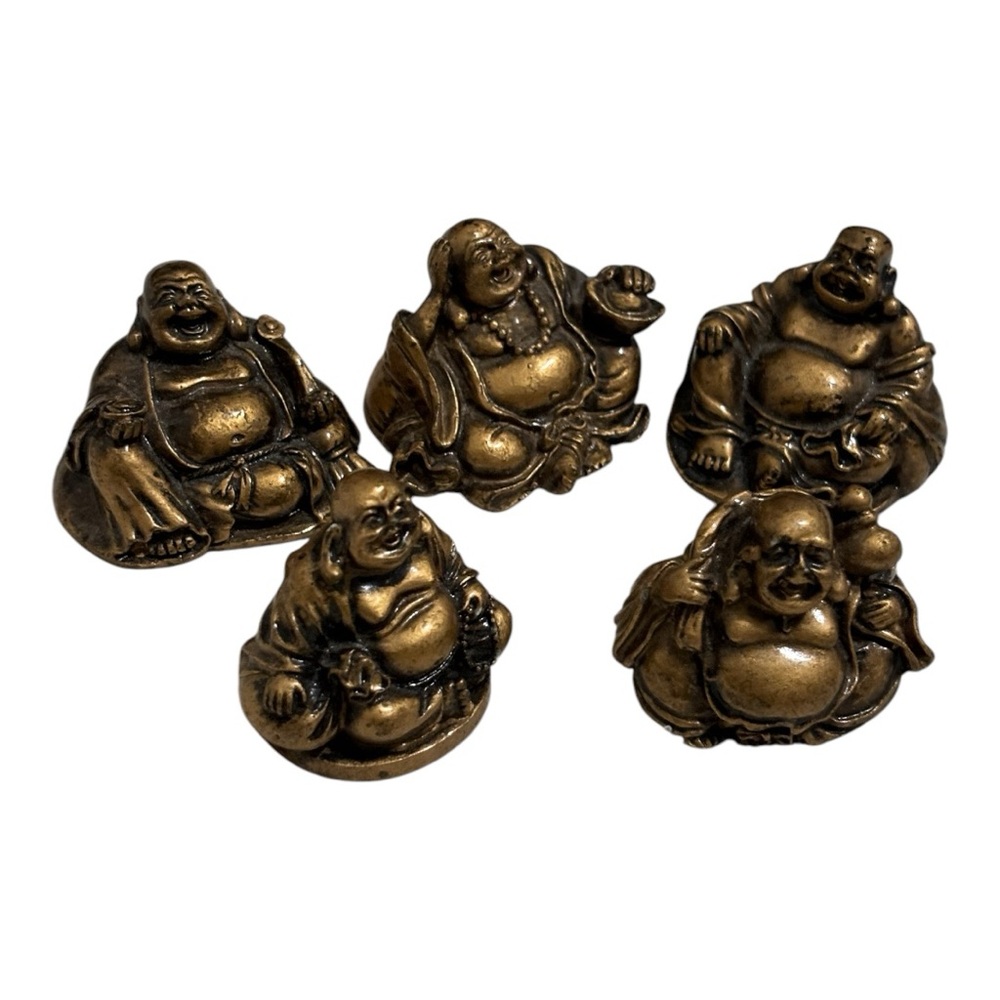 Mini Bronze/Gold Set of 5  Laughing Buddha Figurines Statues in Sitting Posture